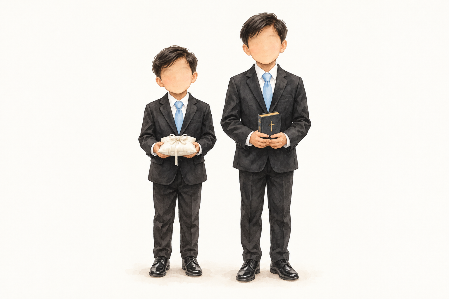Watercolor young boy bearers in black suits with baby powder blue neckties, holding a ring pillow and a Bible