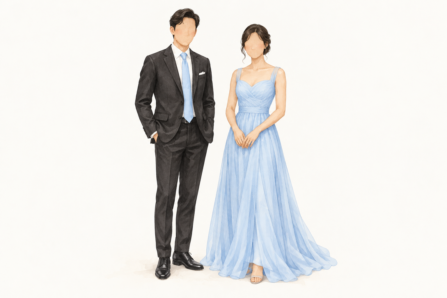 Watercolor secondary sponsors: a gentleman in a black suit with a powder blue necktie and a lady in a powder blue gown
